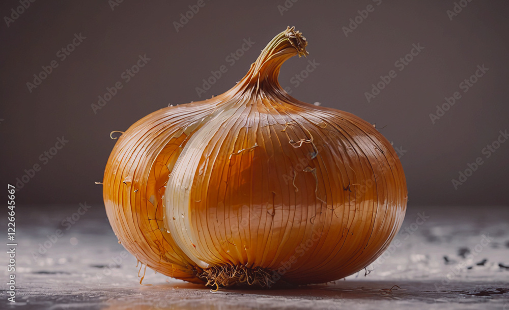 Poster A large onion is sitting on a table. The onion is cut in half and has a stem on top. The image has a warm and inviting mood, as the onion is a common ingredient in many dishes and is often associated