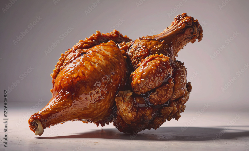 Poster a piece of fried chicken with a lot of sauce on it. the sauce is brown and looks like it's dripping.