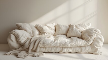 Single white sofa with pillows and blanket against blank wall with copy space. Minimalist home interior design of modern living room.