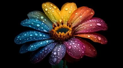 High-definition image of a flower with droplets of water on its petals, showcasing the contrast between the vivid colors of the flower and the clear droplets.