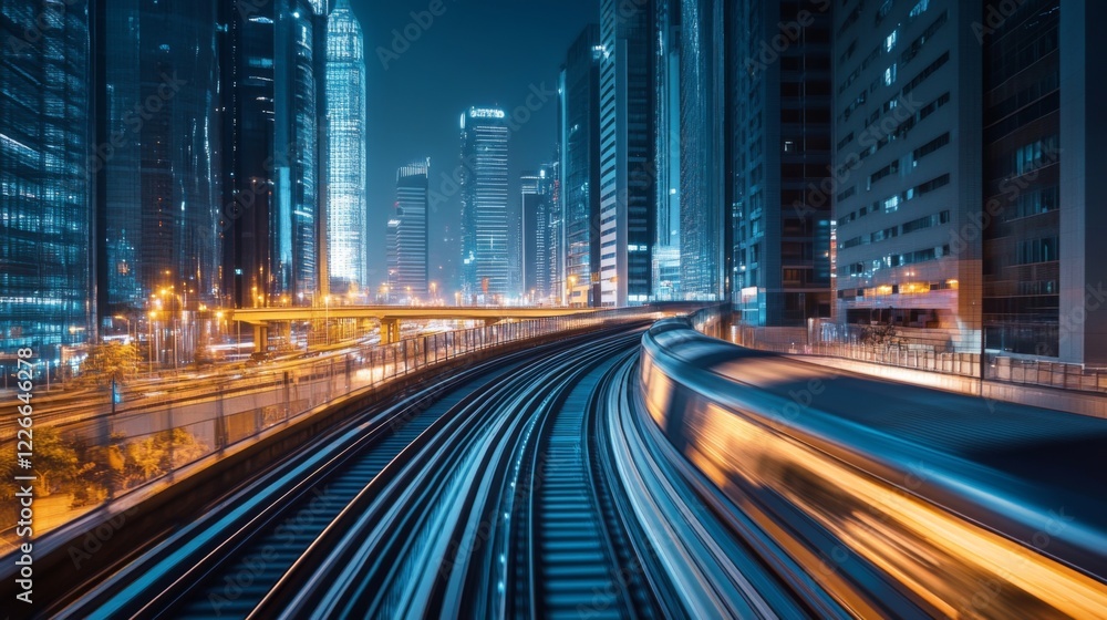 Poster High-definition shot of a high-speed train on elevated tracks, emphasizing its sleek profile and the impressive infrastructure supporting its rapid transit.