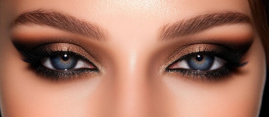 Fototapeta premium Captivating close-up of smoky eye makeup featuring bronze shades enhancing blue eyes with defined brows and dramatic eyeliner on a flawless complexion