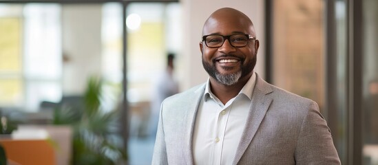 Obraz premium Smiling African American businessman in a light gray suit standing confidently in a modern office with greenery and large windows in background.