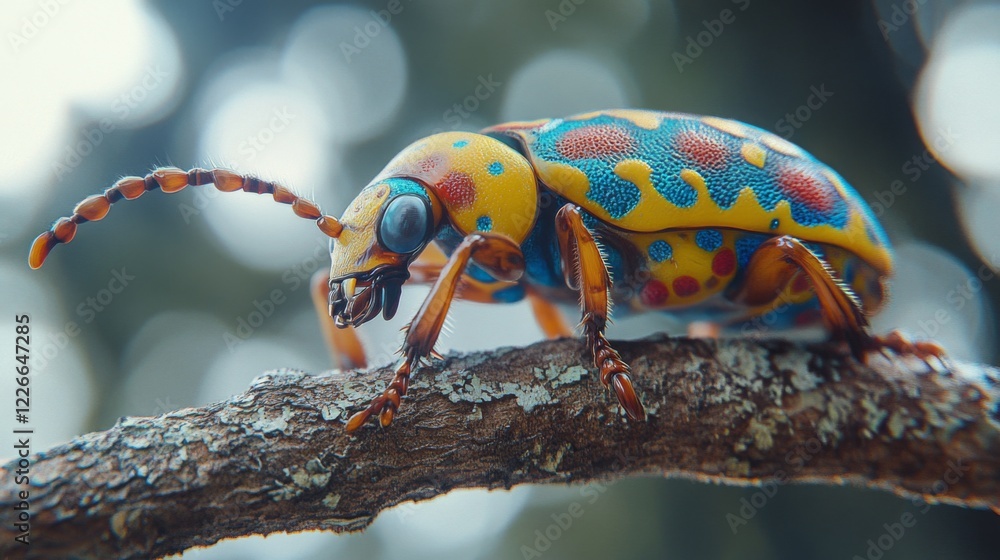 Aufkleber high-resolution close-up of a colorful beetle on a branch, highlighting its vivid patterns and gloss