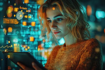 Young woman interacts with digital interface and data visuals in a modern environment during the evening