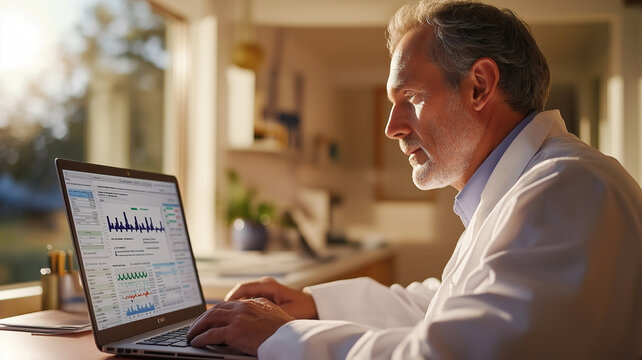Doctor looking at patient health data records on a computer. 
