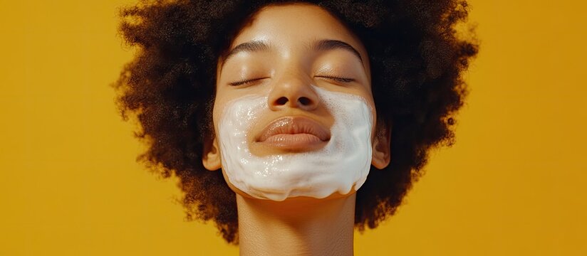Woman with curly hair applying white facial mask on her face against vibrant yellow background demonstrating effective skin care practices