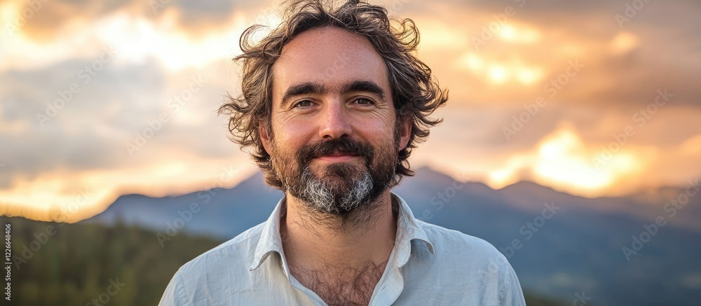 Poster serene mountain landscape at sunset with soft golden light clouds and a smiling man in the foregroun