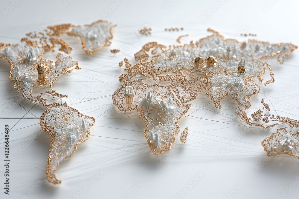 Aufkleber world map with golden outline and white fill on a white surface with thin lines running across