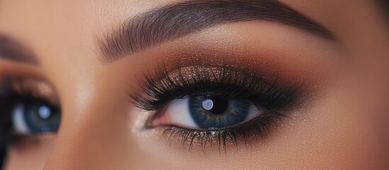 Fototapeta premium Close up of a woman's eye featuring long false lashes in black with a soft brown smokey eyeshadow and defined brows against a neutral background.