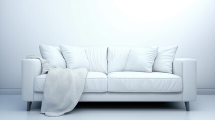 Single white sofa with pillows and blanket against blank wall with copy space. Minimalist home interior design of modern living room.