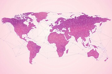 World map with pink gradient and network lines on light pink background for global connection