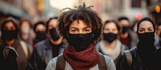 Diverse group of individuals wearing black masks standing closely together on a city street with blurred urban background in earthy tones