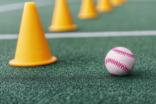 Softball fitness blends dynamic sports drills with strength-focused workouts. Baseball next to yellow cones on a green sports field.