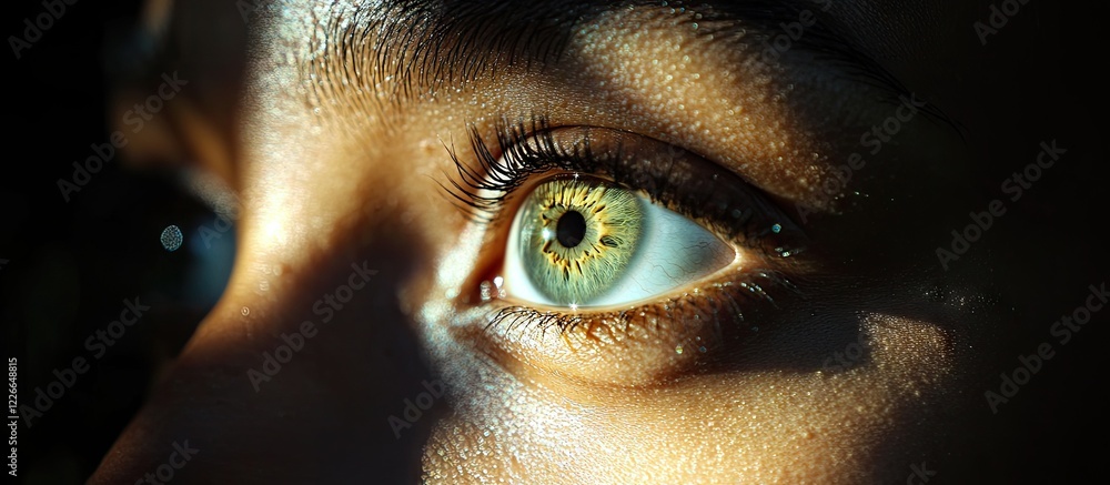 Poster ethereal green eye close-up with hint of blue and soft golden light creating a captivating atmospher