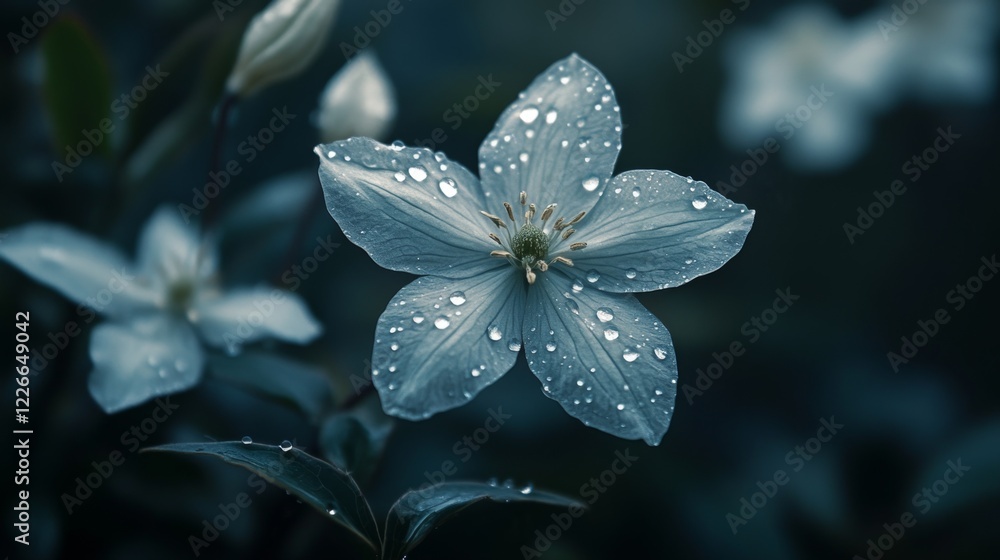 Poster High-resolution view of a flower with dew drops on its petals, featuring a soft focus on the droplets to emphasize their sparkling and fresh appearance.