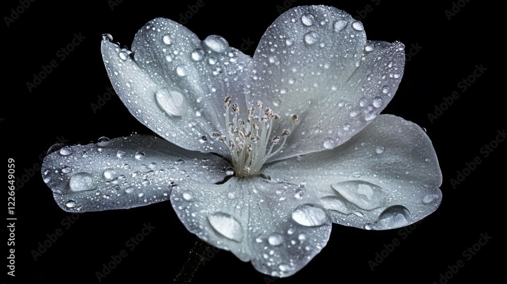Poster High-resolution view of a flower with dew drops on its petals, featuring a soft focus on the droplets to emphasize their sparkling and fresh appearance.