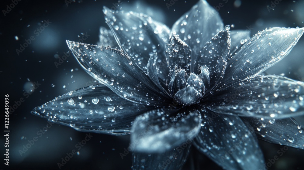 Poster High-resolution view of a flower with dew drops on its petals, featuring a soft focus on the droplets to emphasize their sparkling and fresh appearance.