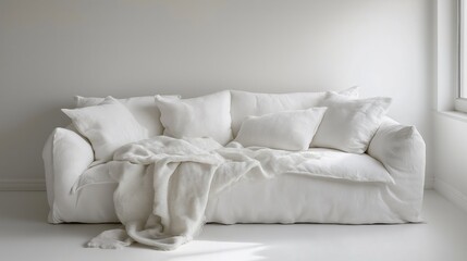 Single white sofa with pillows and blanket against blank wall with copy space. Minimalist home interior design of modern living room.