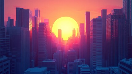 High-resolution view of the sun dipping below the horizon, framed by towering skyscrapers, with vibrant colors and long shadows stretching across the cityscape.