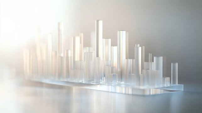 High-tech bar graph made of transparent glass bars with light reflections, minimalist background