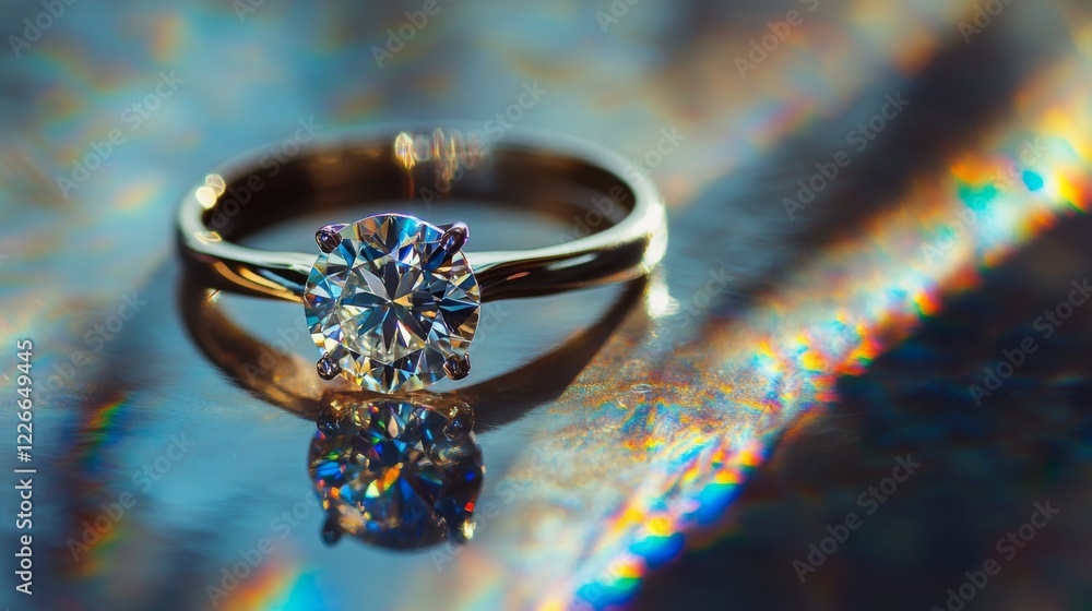 Poster macro shot of a diamond ring on a reflective surface, with light creating rainbow effects
