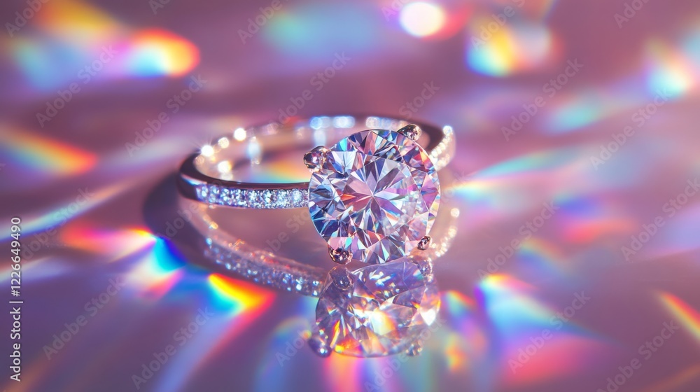 Poster macro shot of a diamond ring on a reflective surface, with light creating rainbow effects