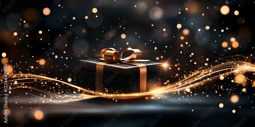 Poster a gift box with a golden ribbon, surrounded by sparkling lights and glimmering particles, creating a