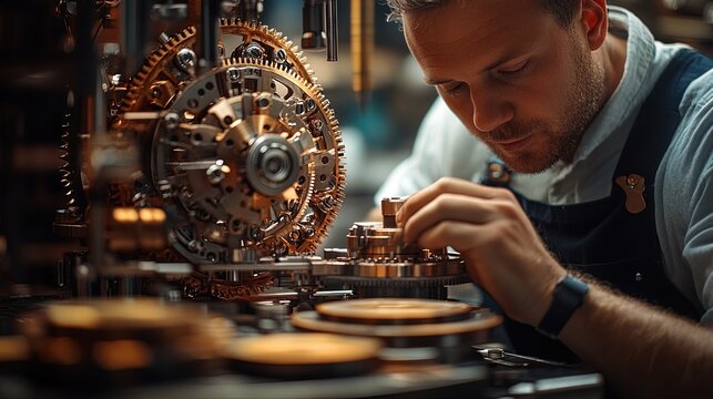 A close-up of a mechanical engineer working on a complex machine, showcasing the technical skills and innovation in engineering 