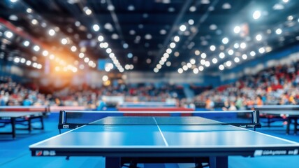 Exciting table tennis match in a bustling arena during an evening tournament