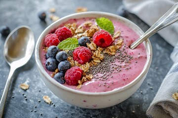 Colorful smoothie bowl topped with fresh berries, granola, and mint leaves on a textured surface