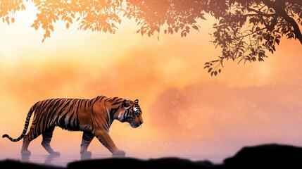 Majestic Tiger Walking Through Misty Forest at Sunset
