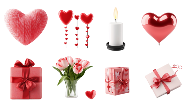 Collection of  Valentine's Day icons. chocolate, gifts, wine, candles, ribbons, heart icons, greeting letters, flower bouquets, rings, dolls, gift boxes, love arrows, love bird. transparent background - Powered by Adobe