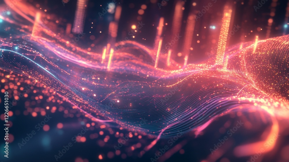 Poster visualization of electric waves coursing through a futuristic power grid, illustrating the concept o