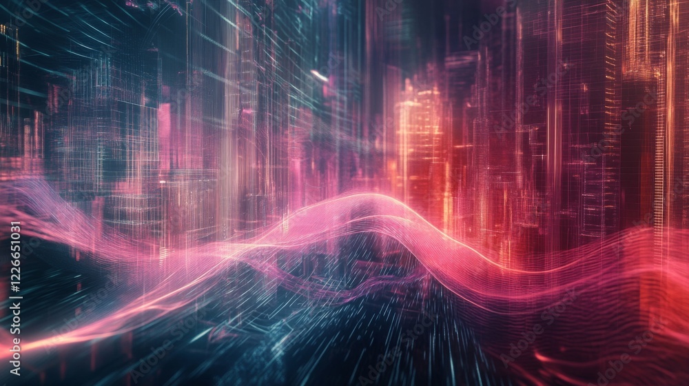 Poster visualization of electric waves coursing through a futuristic power grid, illustrating the concept o