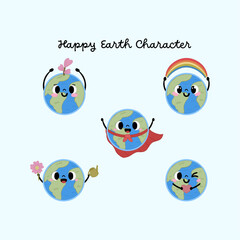Set of cute happy earth character with various gesture and style on hand drawn style