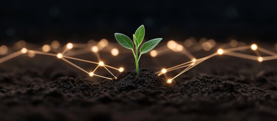 Innovative Close-Up of a Growing Plant with Glowing Network Connections in a Dark Setting