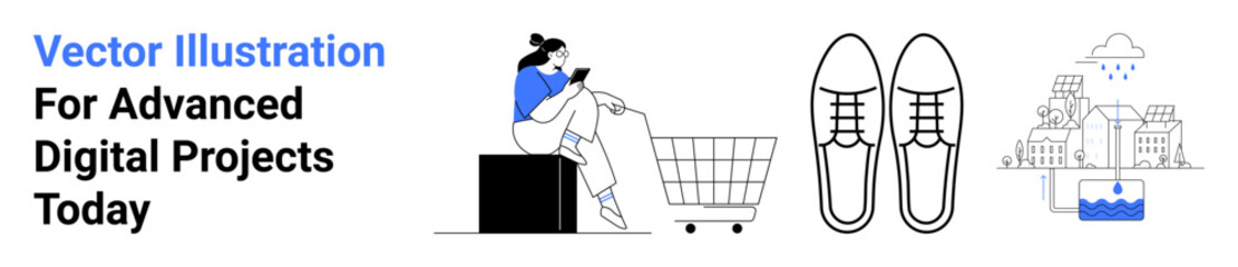 Woman using smartphone near shopping cart, elegant shoes icon, urban buildings and water element. Ideal for e-commerce, fashion, technology, urban planning, lifestyle, online banking flat landing