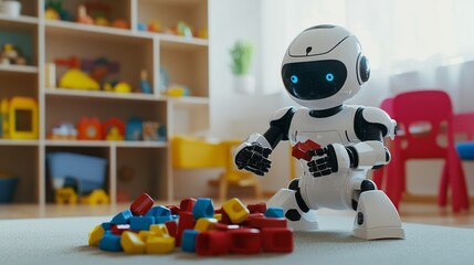 A humanoid robot assembling a new toy in a child&rsquo;s playroom, with a focus on the robot&rsquo;s assembly process and clean play area, Playful style