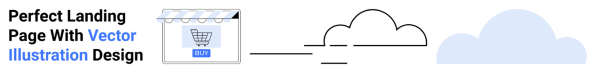 Shopping bag inside cart under striped awning connected to stylized cloud icons. Ideal for e-commerce, online store, file storage, digital marketing, cloud computing, product promotion, flat landing