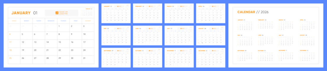 Blue Corporate 2026 Calendar Template Week Start Office Layout for Print