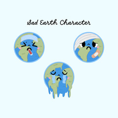 Set of crying earth character, feeling sick earth character, bandaged earth character on hand drawn style
