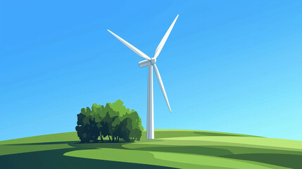 Obraz premium Wind turbine on a green hill under a blue sky