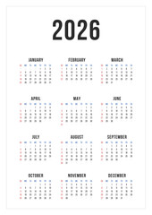 One Page Calendar 2026. Calendar template 2026 for wall and desk use. Ready to print or edit annual layout. Business minimal modern 2026 calendar.	