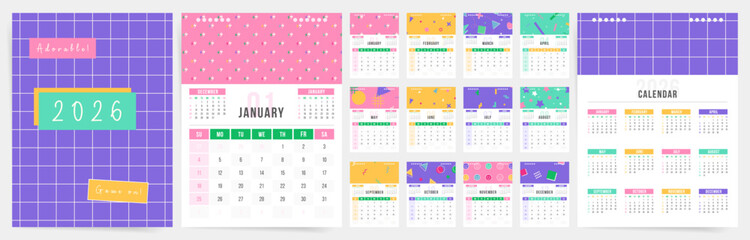 Creative Art 2026 Calendar Template Modern Sunday Start Office Layout. Perfect for Children Study.