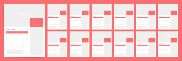 Calendar 2026, Sunday Start, Editable Calendar Template, Red Corporate Classic Yearly Mockup with Logo Cover
