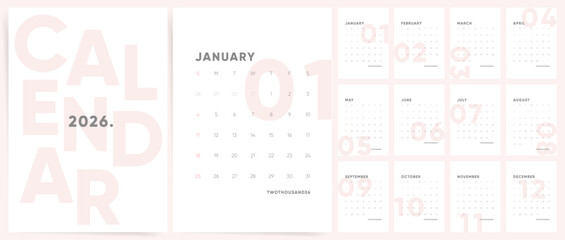 Vertical 2026 Calendar Template Design. Week starts on Sunday office calendar. Desktop or Wall planner in simple clean style. Corporate modern clean calendar 2026. English vector 2026 calendar pages.