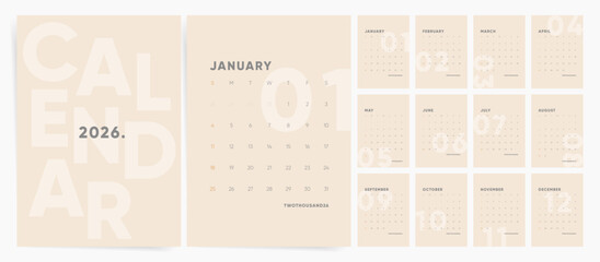 Monthly calendar template for 2026 year. Week Starts on Sunday. Modern minimal style design vector calendar for 2026 year.