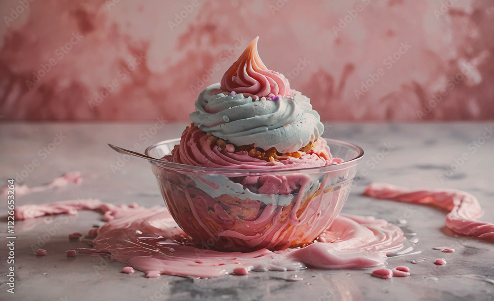 Poster a pink frosted cupcake with a blue frosting swirl on top. the frosting is dripping from the cupcake 