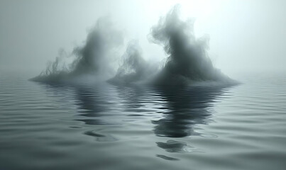 Obraz premium Misty isles reflecting in calm sea; surreal landscape, design element